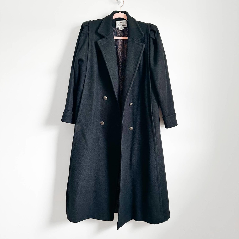 Vintage Black Double Breasted Long Wool Coat Pleated Puff Shoulder sz 8 Petite - Picture 6 of 15